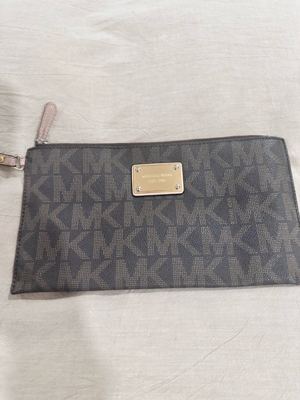 Michael Kors Brown MK Logo Zip Wristlet with Gold Plate